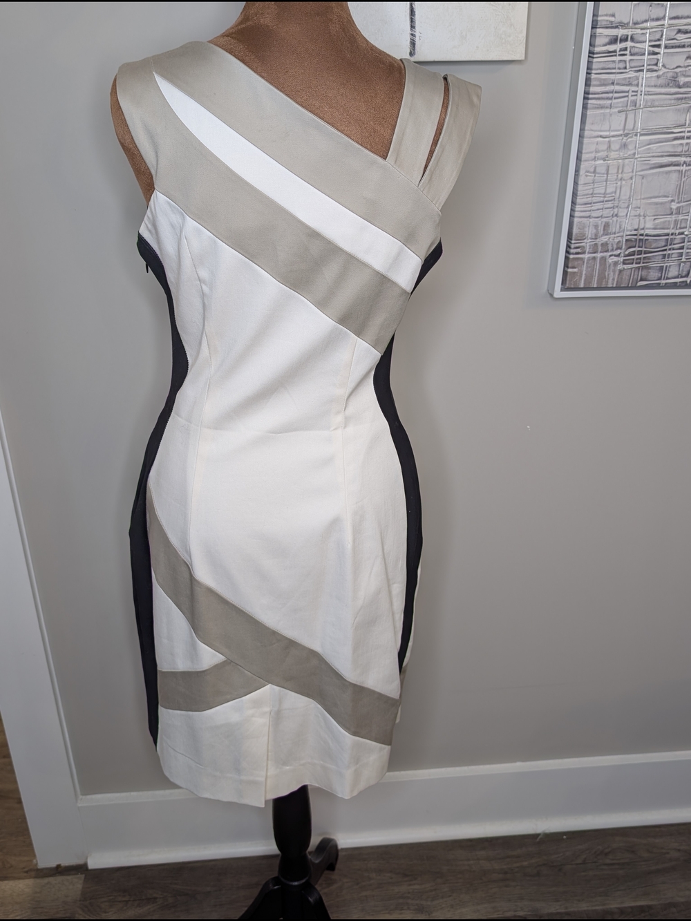 Joseph Ribkoff Cream, Taupe and Black Sleeveless Sheath Dress - Picture 2 of 7